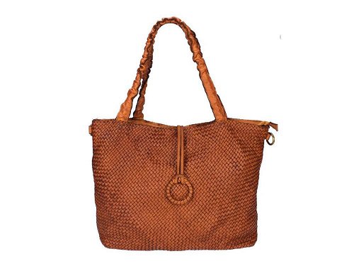 Valdina (tan) - Large, woven Italian leather, shoulder bag