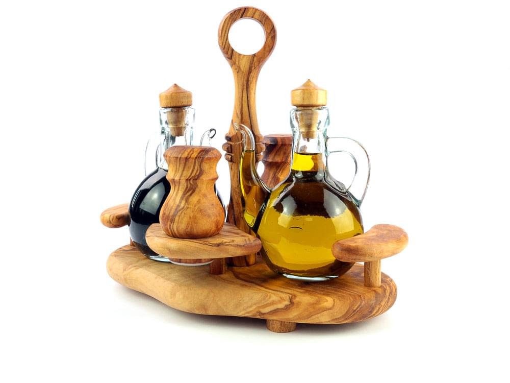 Condiment Set - 4 pieces - Olive Wood condiment stand