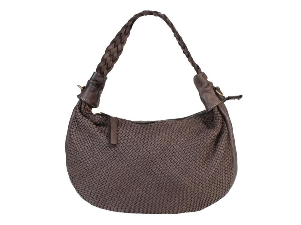 Garda (dark brown) - Pretty, crescent shaped, woven leather handbag
