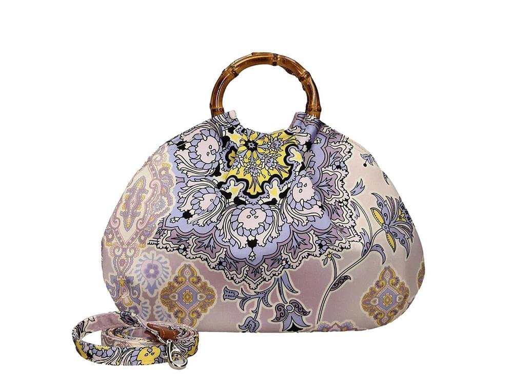 Compact, silky fabric handbag