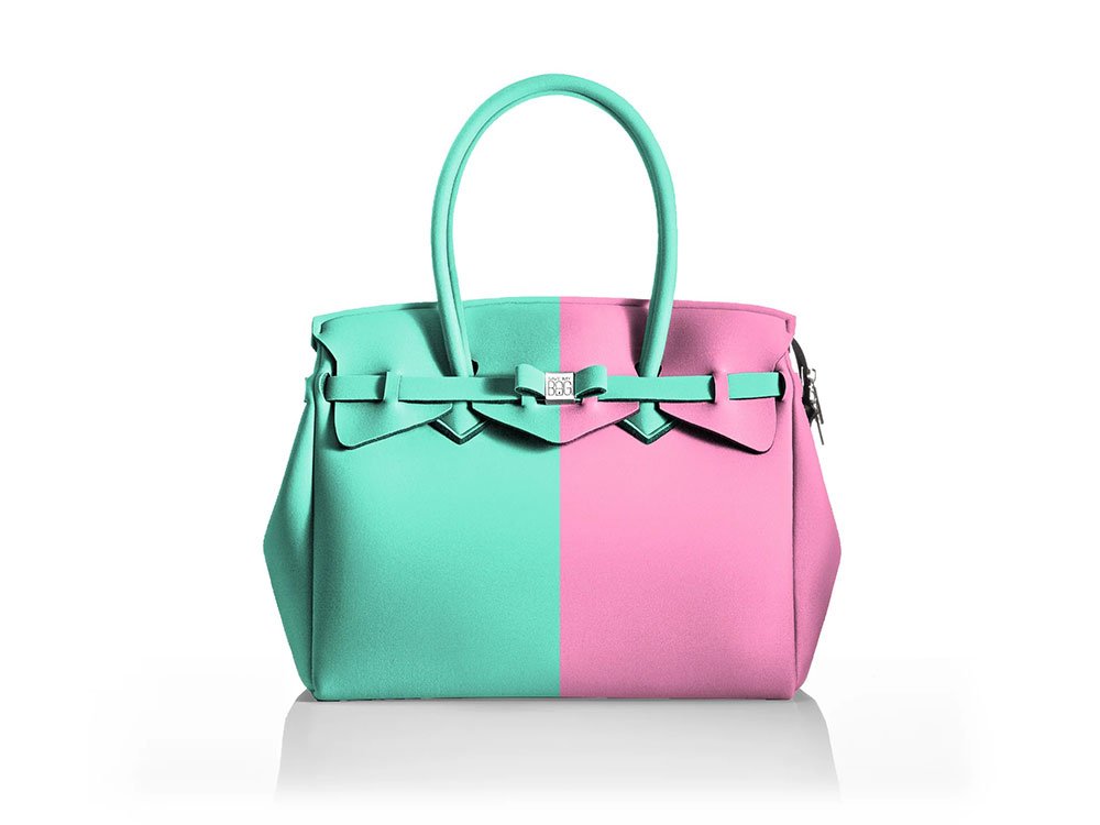 La Miss Latitudine (turquoise+pink) - Two-tone, spacious Lycra Handbag