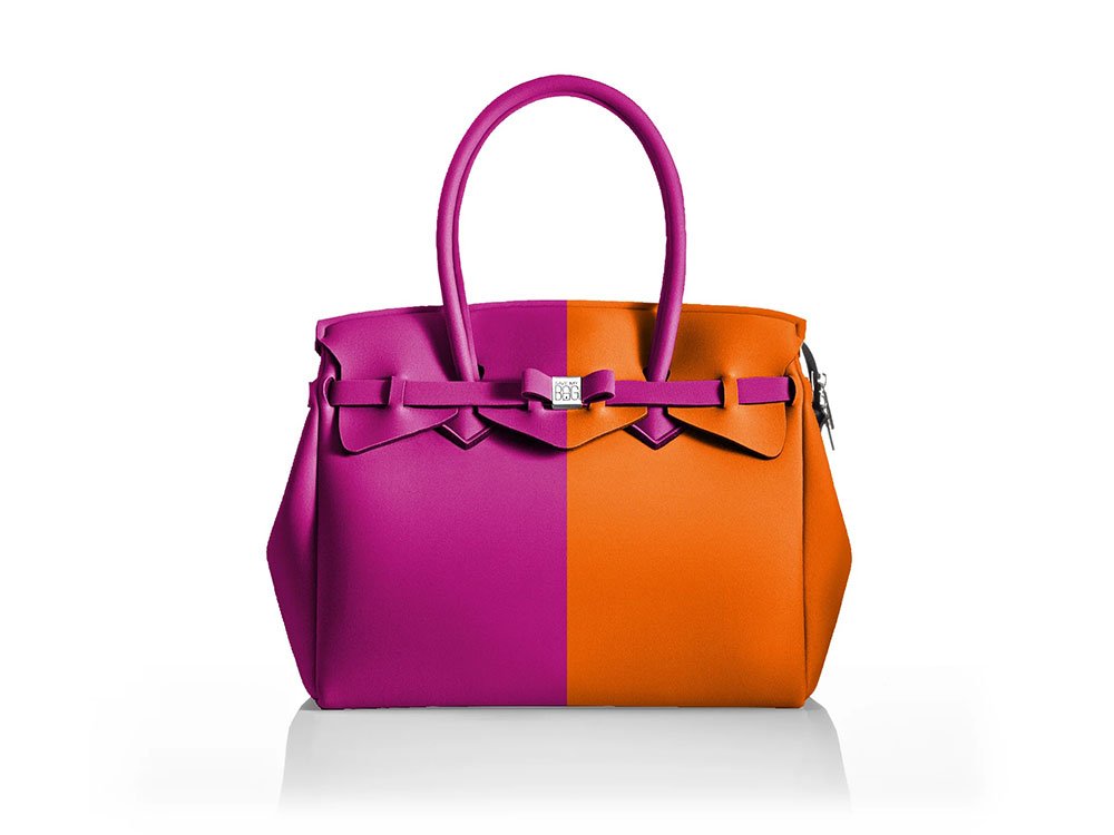 La Miss Latitudine (fucshia+tangerine) - Two-tone, spacious Lycra Handbag