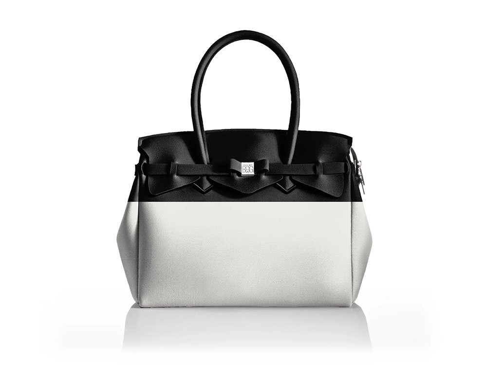 La Miss Longitudine (black+white) - Two-tone, spacious Lycra Handbag