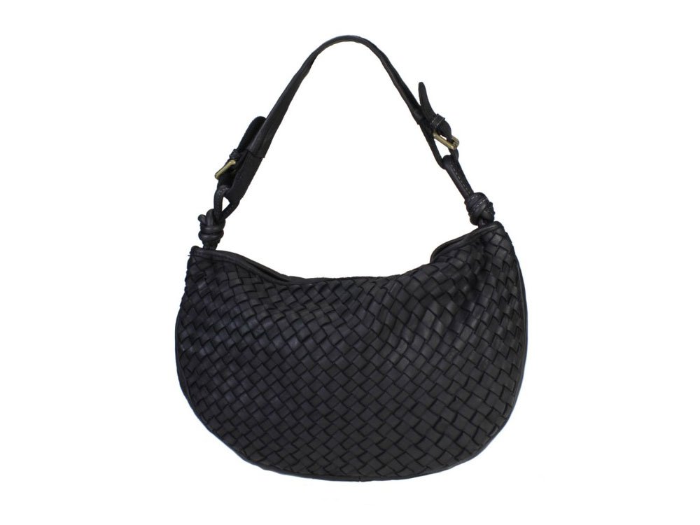 Crescent shaped leather handbag