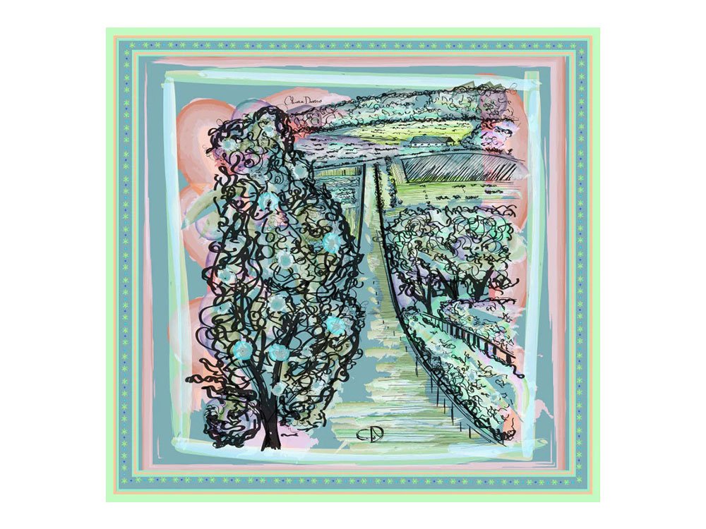 Silk Foulard with Tuscan Our scarf showcases a breathtaking picture of Tuscany, capturing the rolling hills, vineyards, and picturesque villages that define this iconic region. With every glance, you'll be transported to the heart of Italy, where artprint
