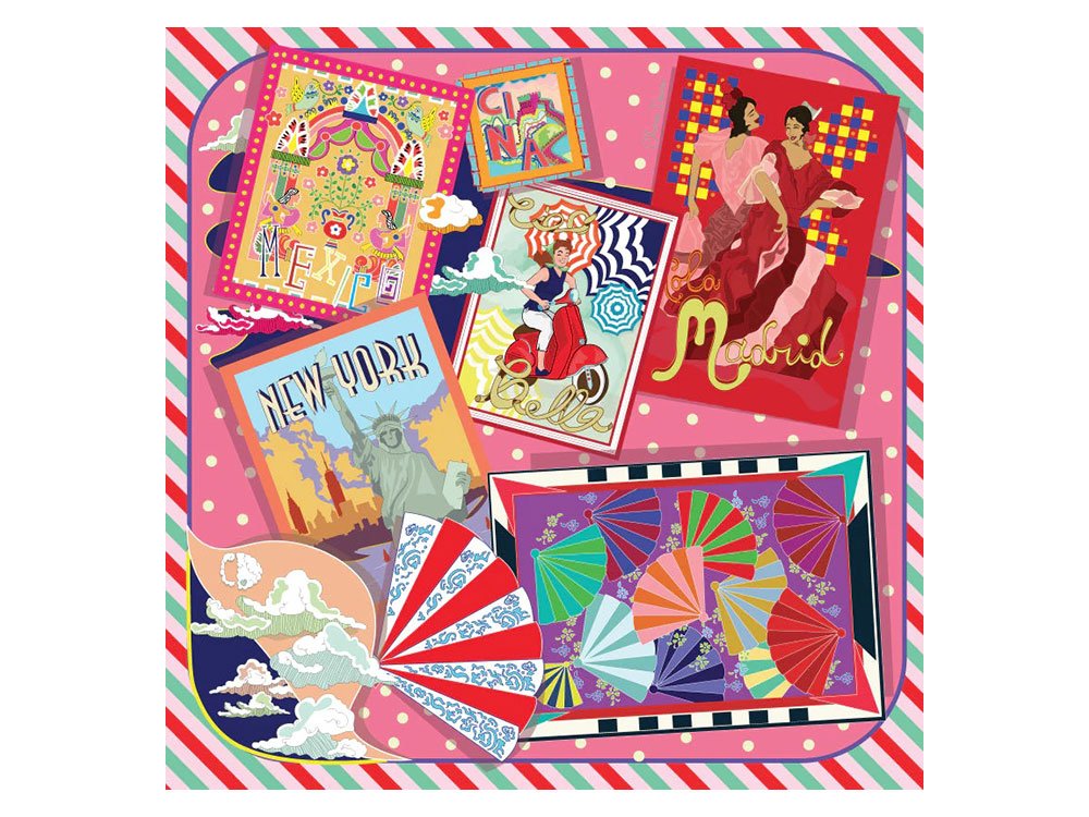 Silk Foulard with postcard collage pattern