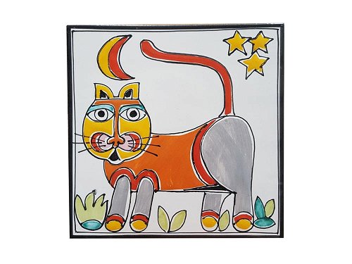Cat - Small - Handmade, traditional ceramic tile from Sicily
