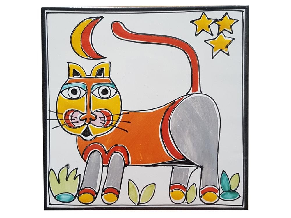 Cat - Large - Handmade, traditional ceramic tile from Sicily
