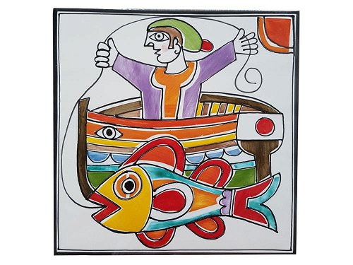 Fisherman - Style Two Large - Handmade, traditional ceramic tile from Sicily