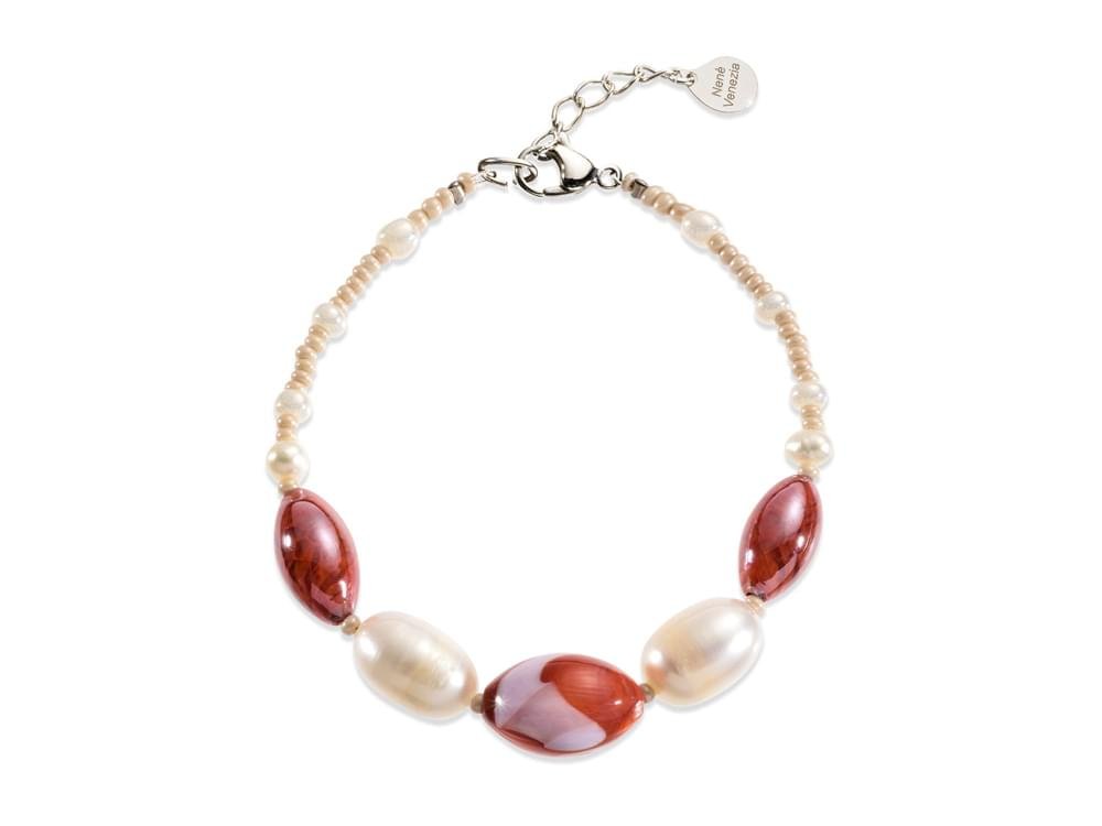 Capri Bracelet (deep coral) - Murano glass and cultured pearl bracelet