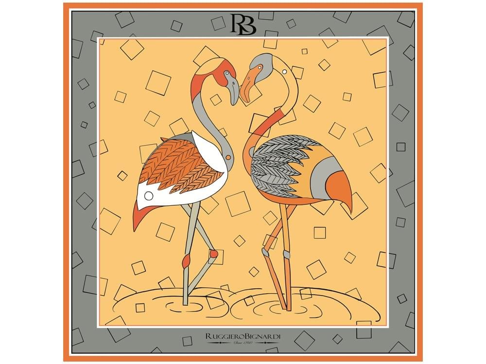 Love Dance (orange/grey) - Limited edition silk scarf with artistic flamingo design