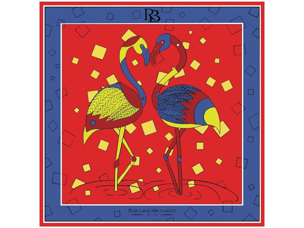 Love Dance (red/blue) - Limited edition silk scarf with artistic flamingo design